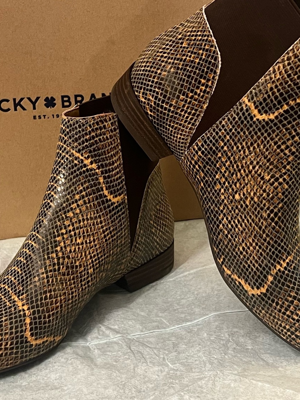 Lucky Brand Snake-Embossed Chelsea Boot in Brown and Tan